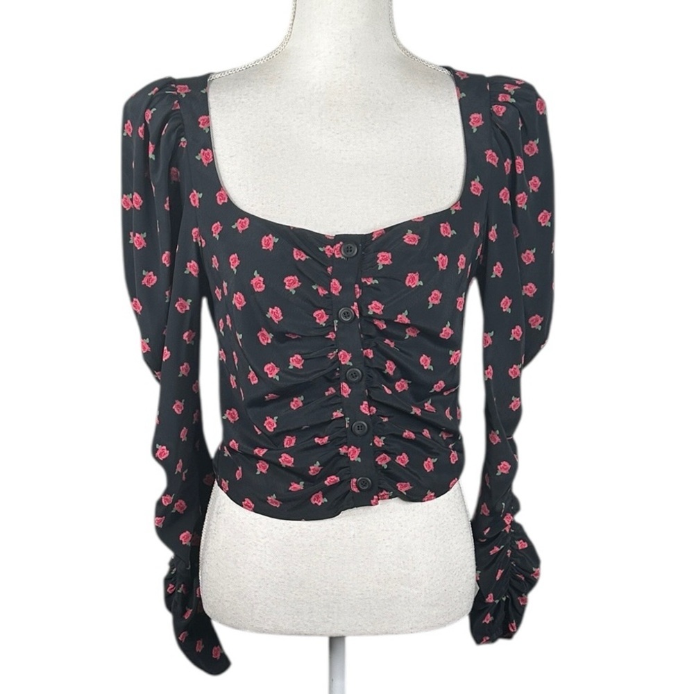 Topshop Black Pink Floral Y2K 90's Ruched Sleeve Crop Button Front Top Size 4